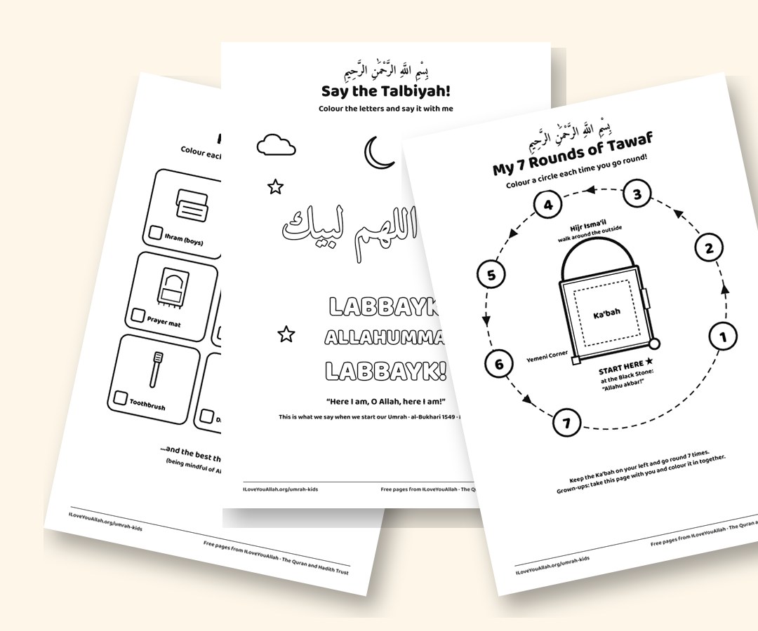 Three free Umrah colouring pages for children: Pack My Umrah Bag, Say the Talbiyah, and My 7 Rounds of Tawaf